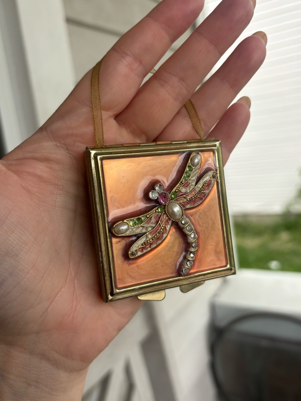 Dragonfly Enamel Compact Pendant Necklace in Gold and Peach